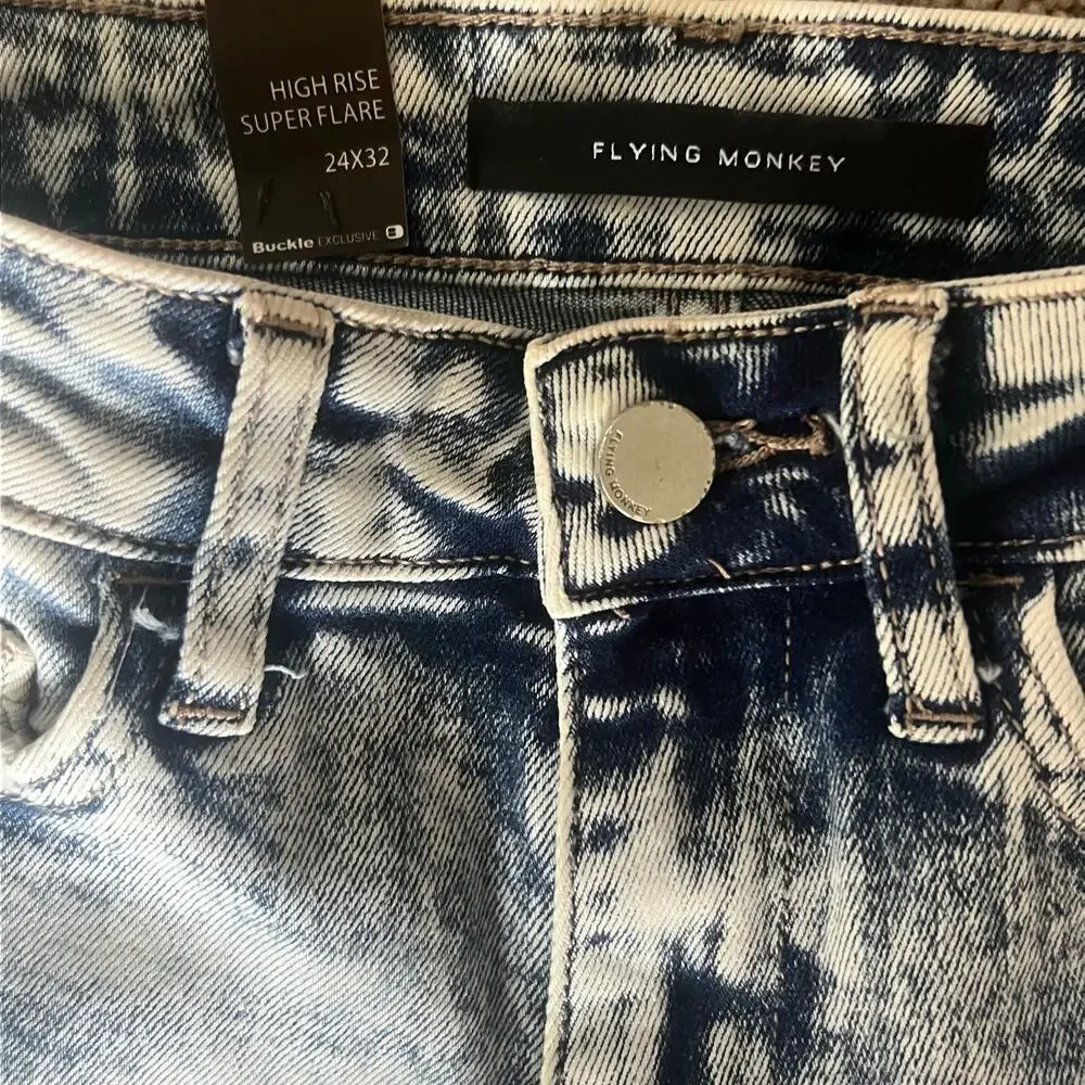 Flying Monkey High Rise Super Flare Jeans 24x32 Acid Wash Buckle NWT Edgy Y2K - Picture 4 of 6